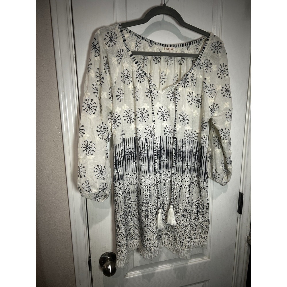 Lula Soul Tunic Boho Peasant Embroidered Blouse Top Fringe Sz S
